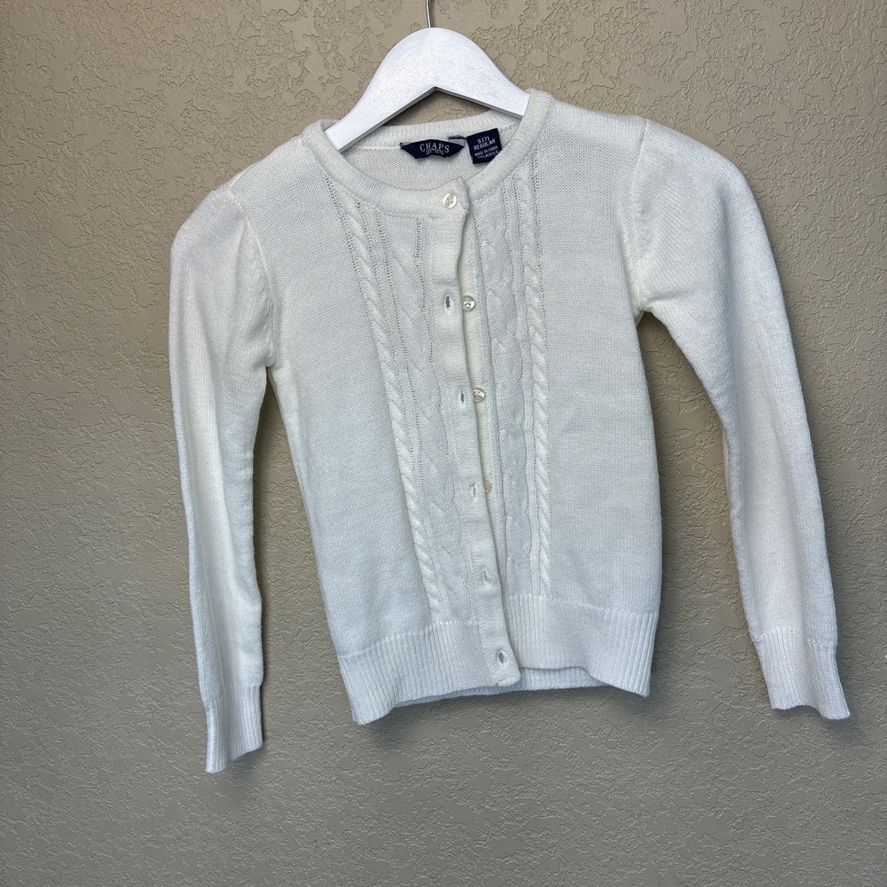 Vintage Chaps Girls Small 7 Cardigan Sweater Cable Knit White Preppy Button